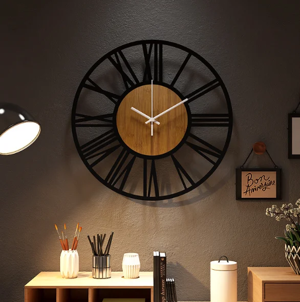 Decorative Rustic Round Metal Roman Numeral Farmhouse Wall Clock With Wood Face for Living Room Decor