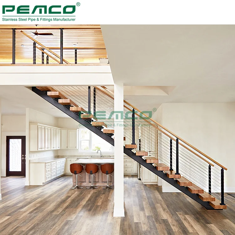 Open Riser Staircase Design With Center Pipe Railing Stainless Steel Railing Straight Mono Stringer Stairs for House