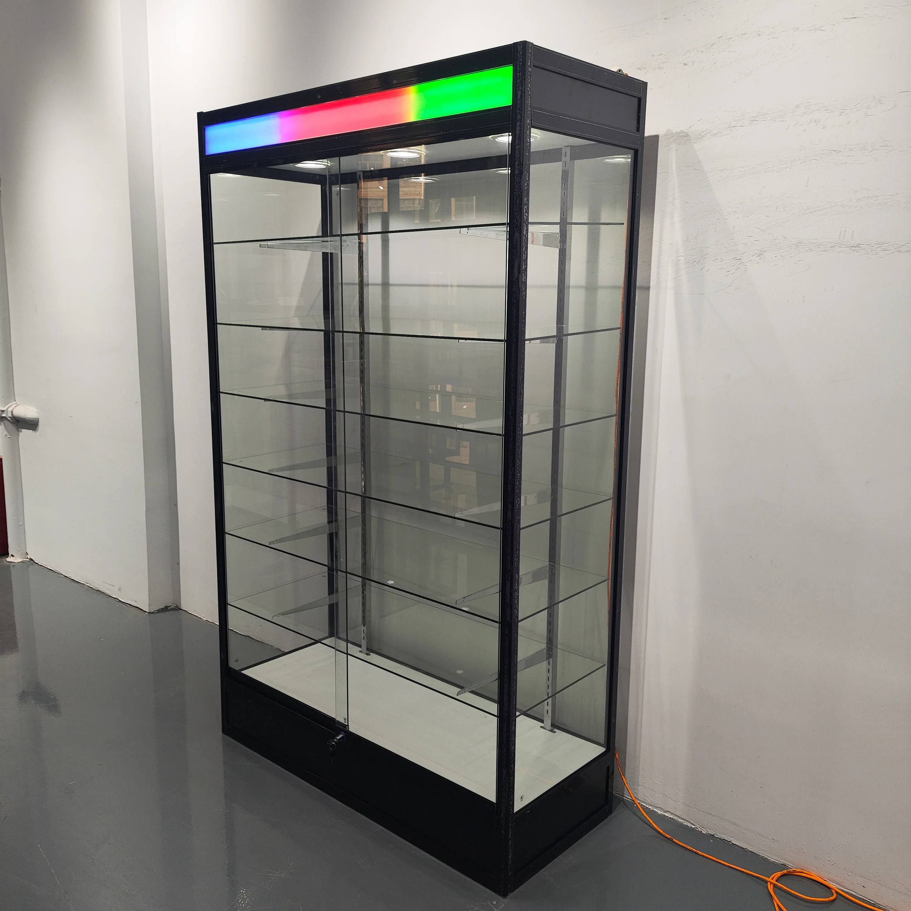 Custom Aluminum Framed Glass Showcase with Colourful Light Box Full Vision Glass Display Showcase for Shop Decoration