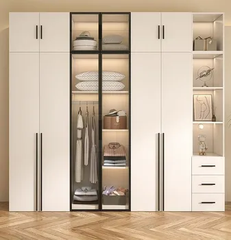 Modern Design Solid Wood Metal Wardrobes Light Feature Bedroom Home Apartment Cloakroom Use Factory Direct Storage Furniture Gym