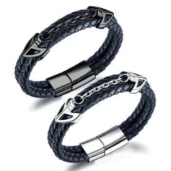 Mens Double-Row Braided Leather Bracelet Bangle Wristband with Silver Black Stainless Steel Ornaments Jewellery for Teen Boys