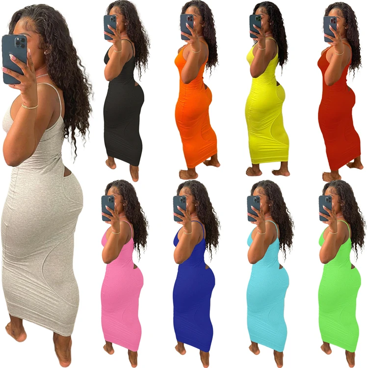 Casual Ladies Bodycon Dress Spaghetti Strap Splitlevel Summer Women Midi Dresses