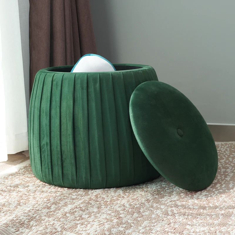 2021 Modern Space Saving Velvet Prouf Round Green Fabric Storage Ottoman