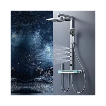 Digital Display Shower Set Bathroom Ambient Light Five-Function Back Spray Shower Faucet Gray Shower System