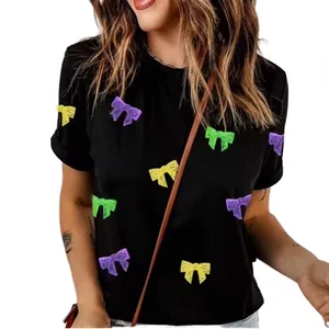 Trendy Casual European American Style Printed Knitted Women's Top New Summer Short-Sleeve T-Shirt Sequin Loose O-Neck