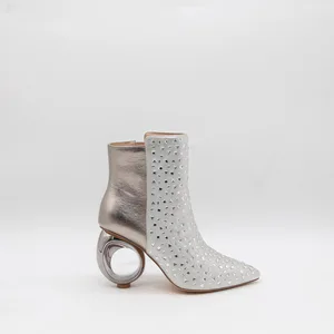 BUSY GIRL HQ1116 Elegant Pointed-toe Ankle Boots for Women New Autumn Winter Apricot Zipper Full Rhinestone Martin Boots 2026