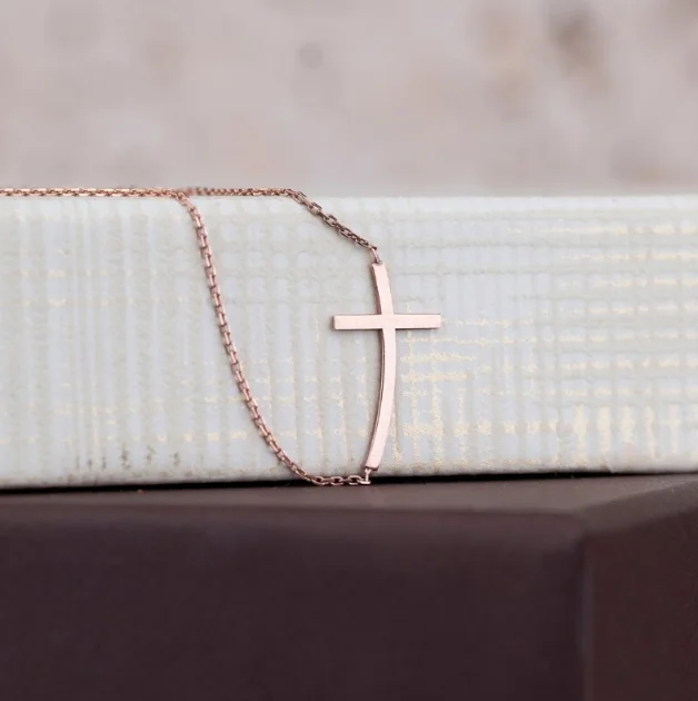 Stainless Steel Sideways Curved Cross Necklace Rose Gold - Main Image