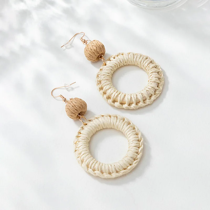 Statement Rattan Wrapped Big Ball Drop Earrings Elegant 30mm Raffia