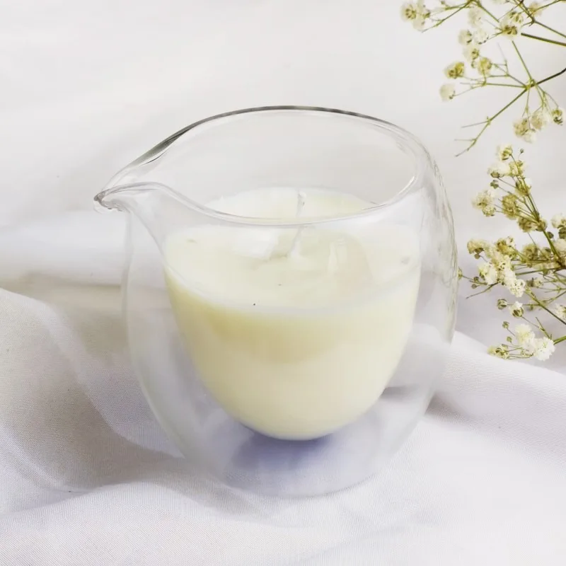 Fancy Double Layer 100ml 200ml 280ml  clear Empty Pour Spout Glass Candle Container with Lid Massage Candle Jar with Spout