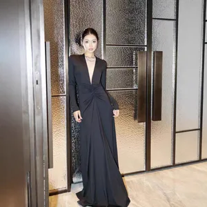 Bettergirl High-quality Deep V-neck Pleated Black Long Dress 2026 New Ramadan Tight Long Sleeve Party Elegant Evening Dress