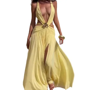 Summer New European American Women's Sexy Cross Neck Backless Empire Waist Leopard Digital Printed Woven Long Day Dress