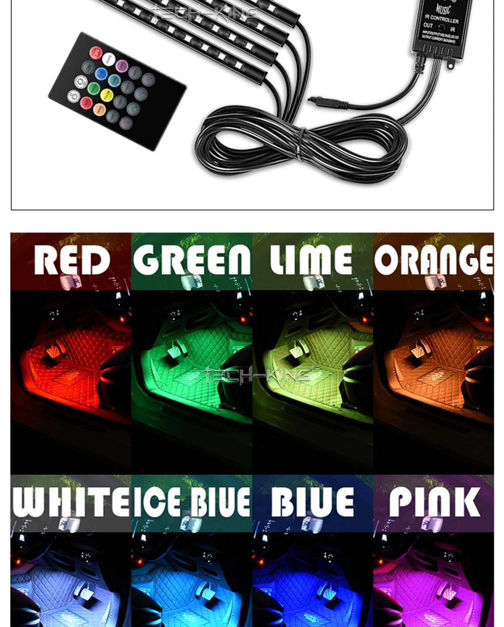 Car cigarette lighter USB plug Interior Lights Strip Decoration Bar Remote/Voice Control 48 LED RGB Car Foot Ambient Light
