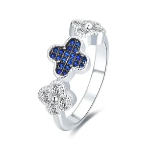 Poliva Fashion Style Rhodium Plating 925 Sterling Silver Rings Four Leaf Clover Blue Crystal Ring