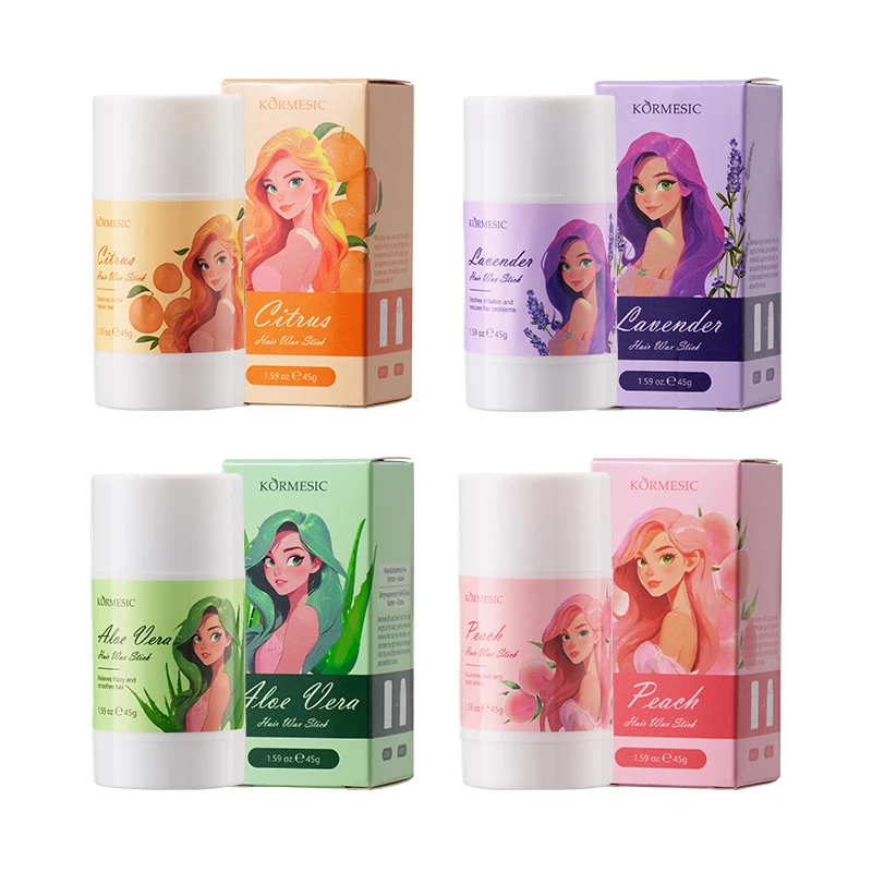 KORMESIC 45g Private Label Custom OEM Long-lasting Hold Peach Aloe Vera Citrus Lavender Reduce Frizz Anti Flyaway Hair Wax Stick