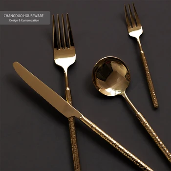 Light luxury gold hammer stainless steel dinner knife fork coffee dessert tea spoon fruit cake fork retro cutlery flatware