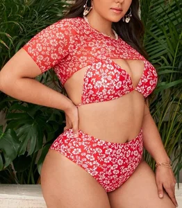 Floral Print Women's 3-Piece Bikini Set Reversible Cover-Up V-Neck Plus Size Spandex/Nylon Anti-UV Front Eco-Friendly Swimsuit