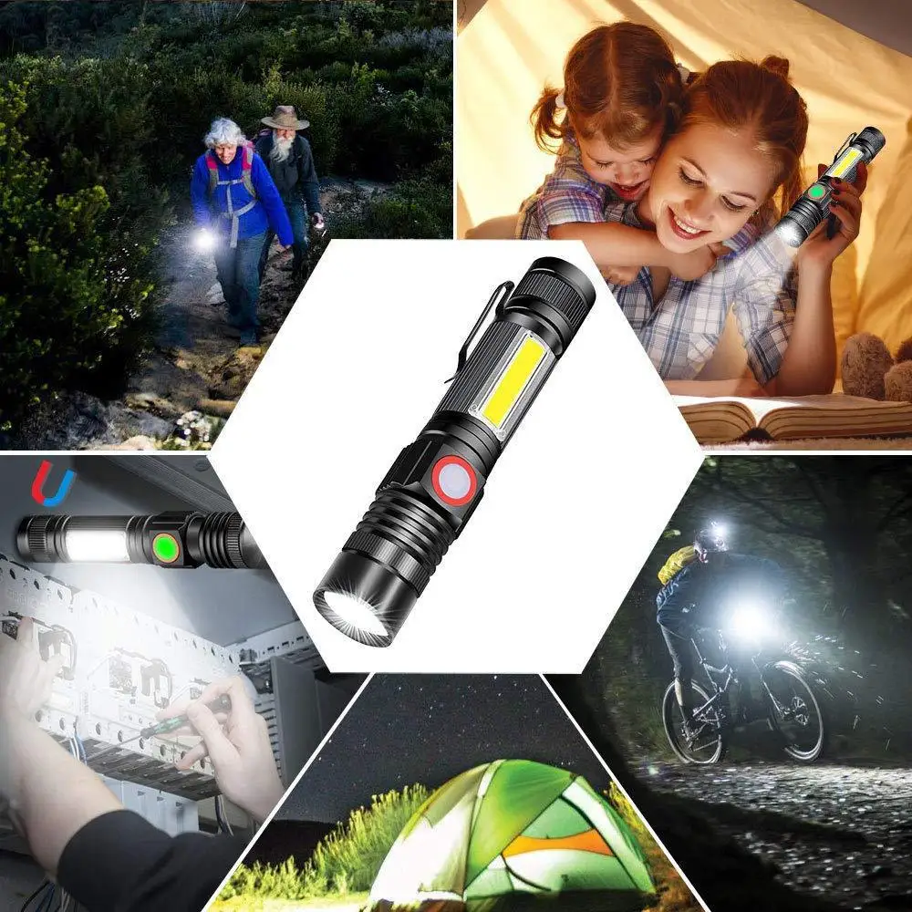 Powerful Waterproof Zoomable Rechargeable Mini LED Emergency Tactical Magnetic T6 Flashlight with Cob Sidelight Torch Flashlight factory