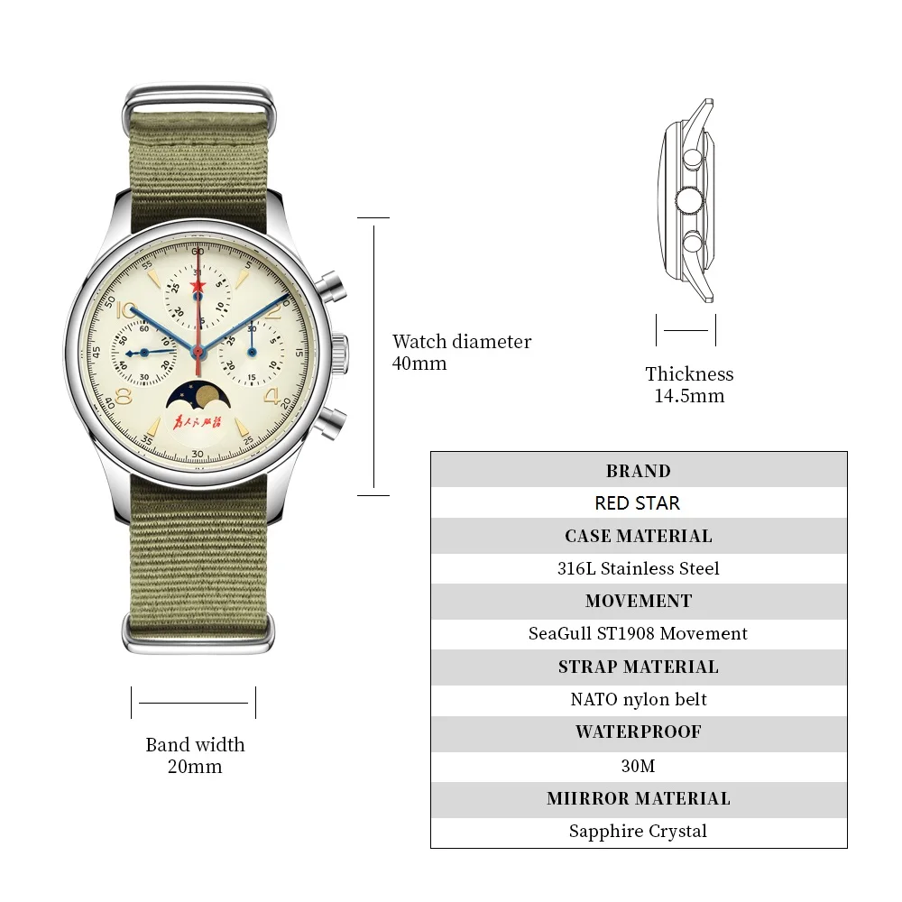 2021 Luxury Original Dress Watch Seagull ST1908 MonPhase Movement Stainless Steel Case for Mens Watches Collection