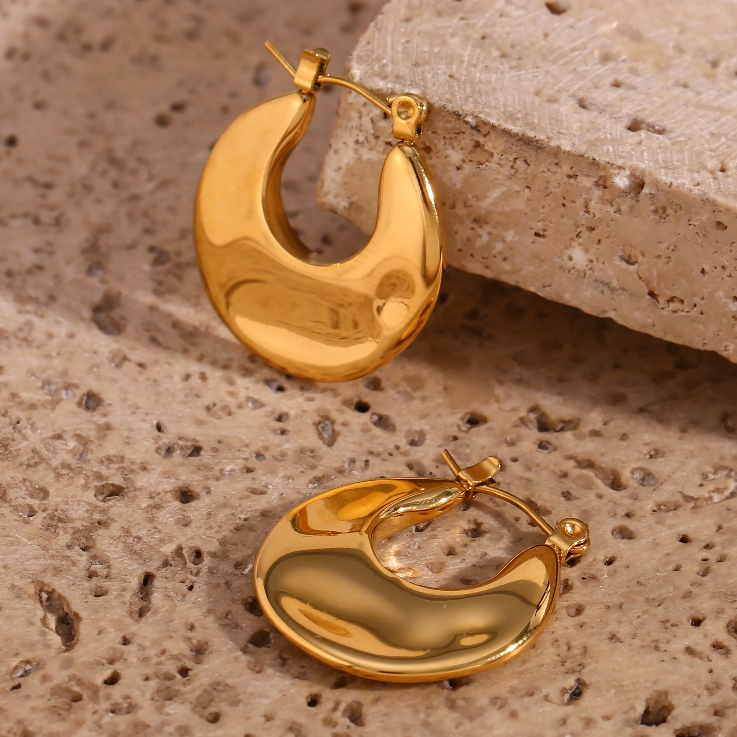 Hammered 18k Gold Plated Hoop Earring Tarnish Free Stainless Steel