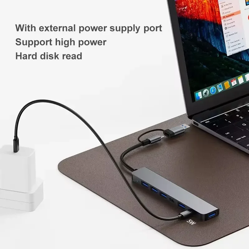 7 In1 USB C Port Hub Aluminum 7 in 1 Multiport USB Extender Splitter Hub with Multiple USB Ports Portable Docking Station