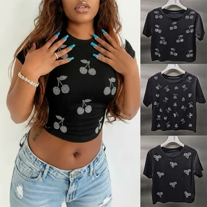 LYG New Design Custom Wholesale Summer Graphic Cropped Tops for Women Rhinestone Sexy Crew Neck Eco-Friendly Breathable