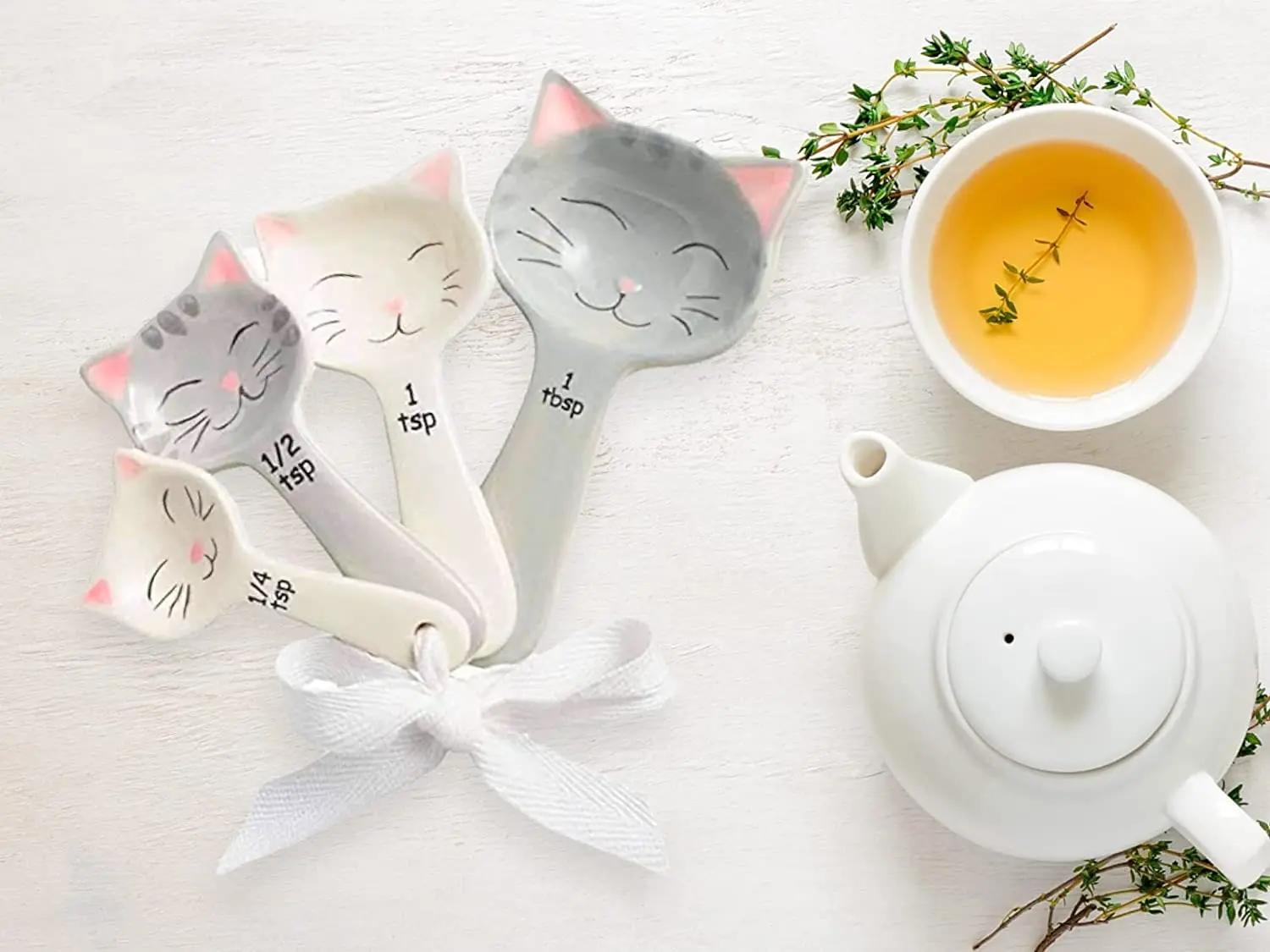 Cute Ceramic Cat Measuring Spoons with Ribbon Tie Cat Shaped Baking Measuring Tool Set of 4 Perfect for Any Cat Lovers