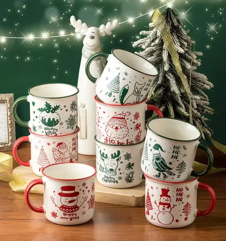 Wholesale Ceramic Christmas Mug 360ml Santa Snowflake Embossed Holiday Red Coffee Mug