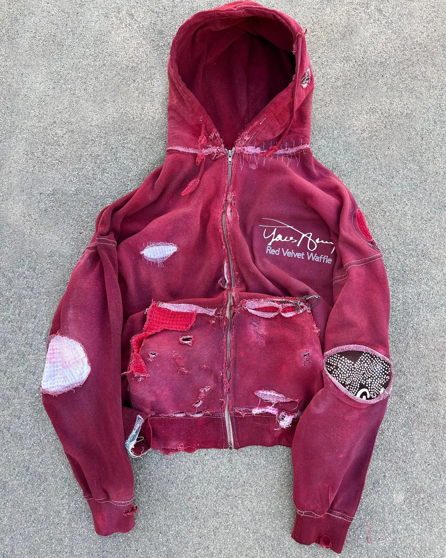 Custom Unisex Hooded Sweatshirt Cotton French Terry Ripped Faded Boxy Zip up Distressed Vintage Acid Wash Rhinestone Hoodies Men gallery 2