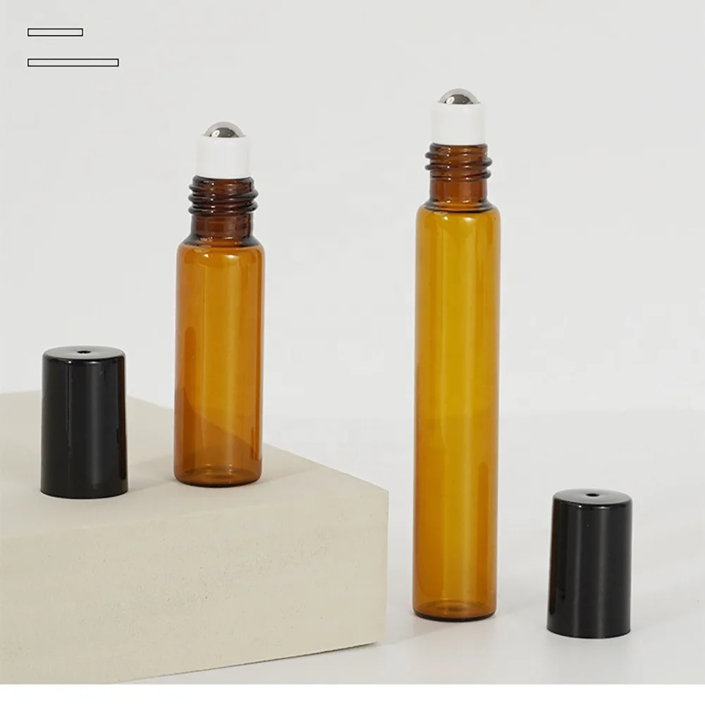 20ml perfume bottle cosmetic amber clear roll on glass with metal balls for essential oil packaging hot sales