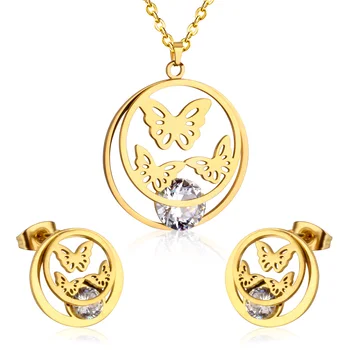 Stainless Steel Gold Plated Crystal Butterfly Fine Costume Supplies Couples jewelry Set