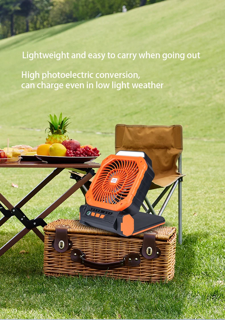 7800mAh Solar Portable Fan with Brushless Motor,USB-C Charging,4-Speed & LED Light/CE/FCC/ROHS Certified for Outdoor Camping