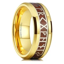 Wholesale 24K Gold Plated Tungsten Rings Orse Viking Rune & Hawaii Koa Wood Mens Ring Tungsten Carbide Wedding Ring Band for Men