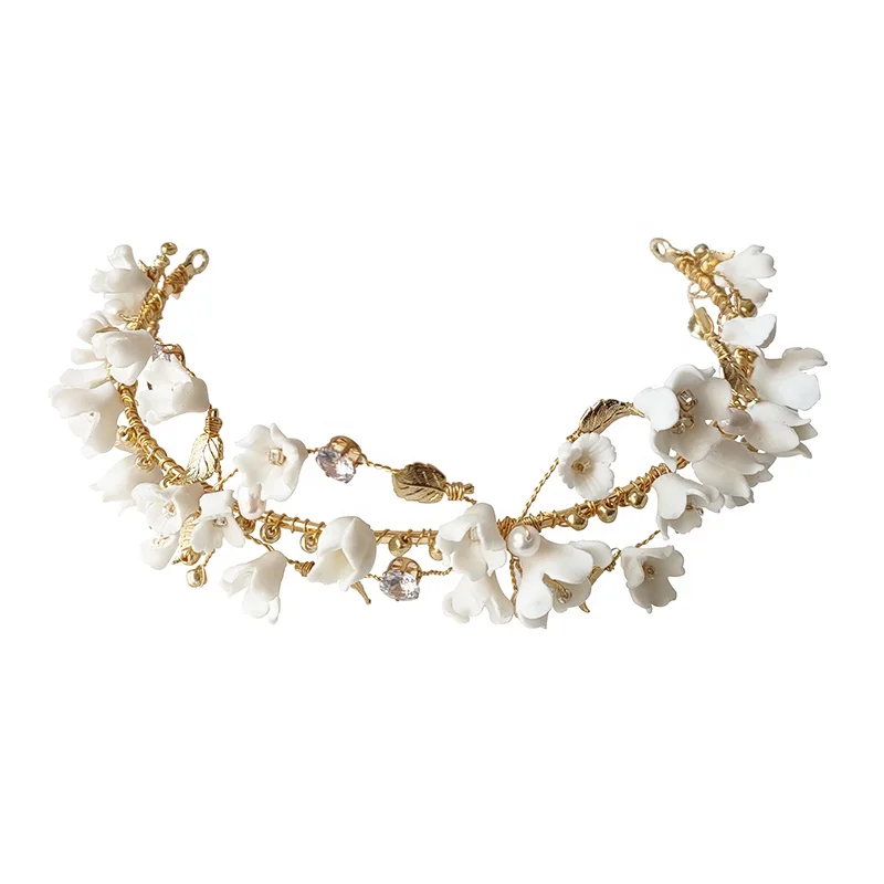 Золотая свадебная тиара, повязка для волос, керамический цветочный головной убор, свадебная повязка на голову, ювелирное украшение, цветочный лист для волос