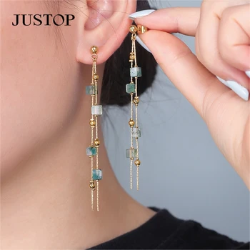 Korean Fashion Earring Daily Birthday Party Jewelry Gifts Green Tassel Crystal Long Square Diamond Earrings For Women