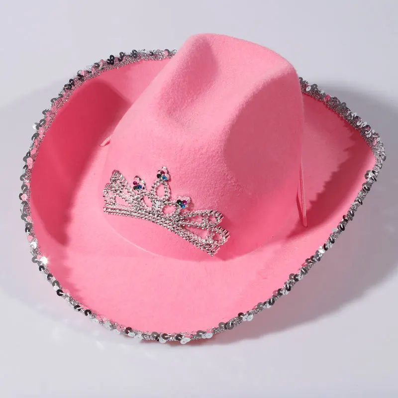 Pink Cowboy Hat - Pink Sequin Cowgirl Princess Hat with Crown Tiara Design