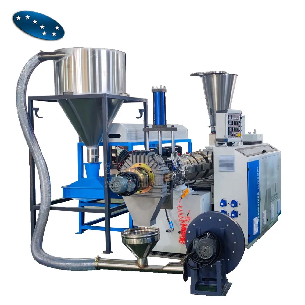 Hartes PVC Pulvermaterial Pelletierungsanlage Stirnseitiges Schnittluftkühlungspelletierer Kegeldoppelschneckenextrudergerät