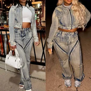 Viviblook Z504ST13 2026 New Street Sexy Washed Zipper Denim Jacket Pants Set 2 Piece Plus Size Set for Women