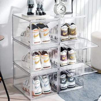 Side Open Drop Door Steady Stackable Simple Assemble Custom Sneakers Foldable Clear Shoe Storage Box With Magnetic Door