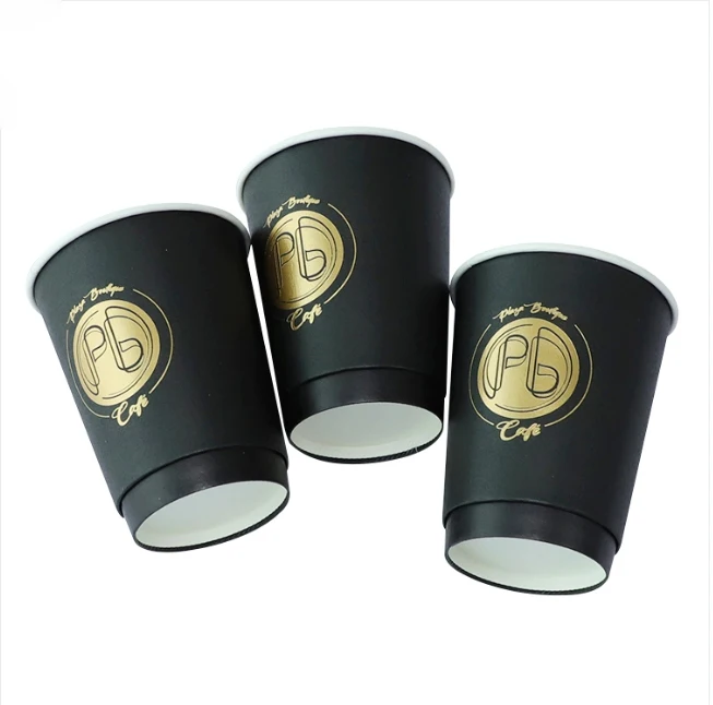 Gold Foil Stamping Black Coffee Cup Disposable milk tea Cup Takeaway Double Wall Coffee Paper Cups With Lid