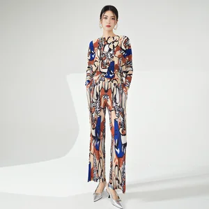 Miyake Women's Casual Two-Piece Set Fashionable Pleated Top With Bat Sleeves and Wide Leg Pants for Office Occasions