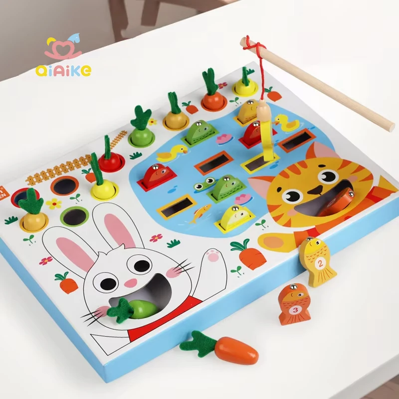 子供向け木製キャラクター釣りと大根引きゲーム お色分けカード付き モンテッソーリ教育玩具