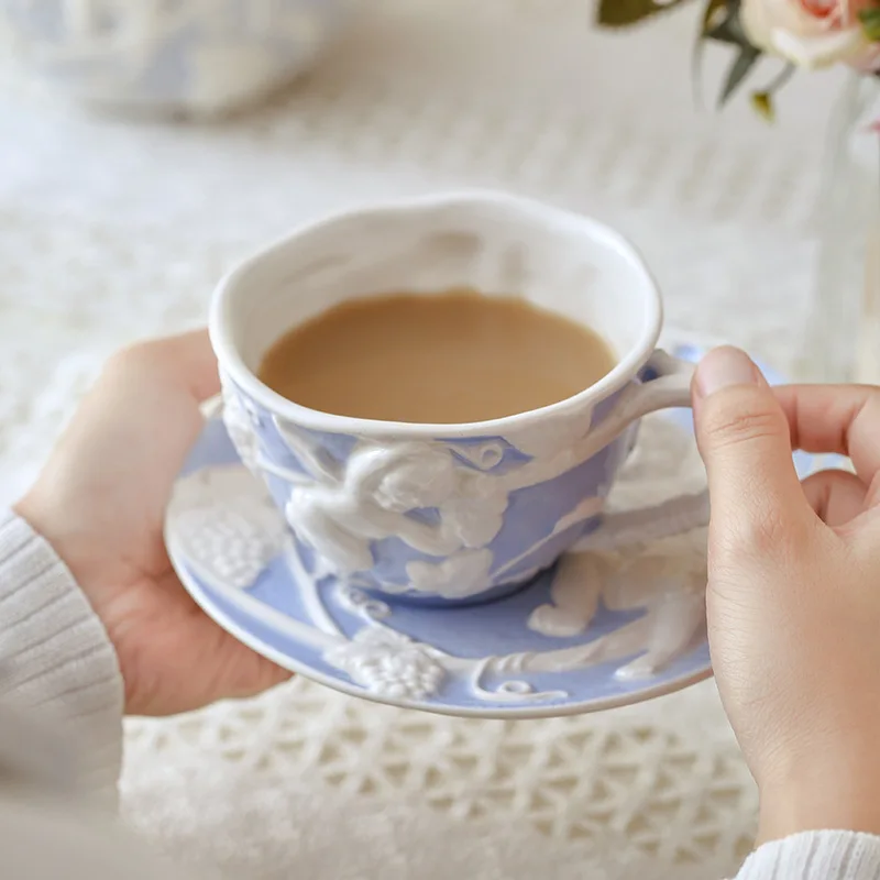 British 220ml Wholesale Angel Embossed Ceramic Coffee Cup With Saucer Vintage Britain Irregular Porcelain Coffee Mug Plate
