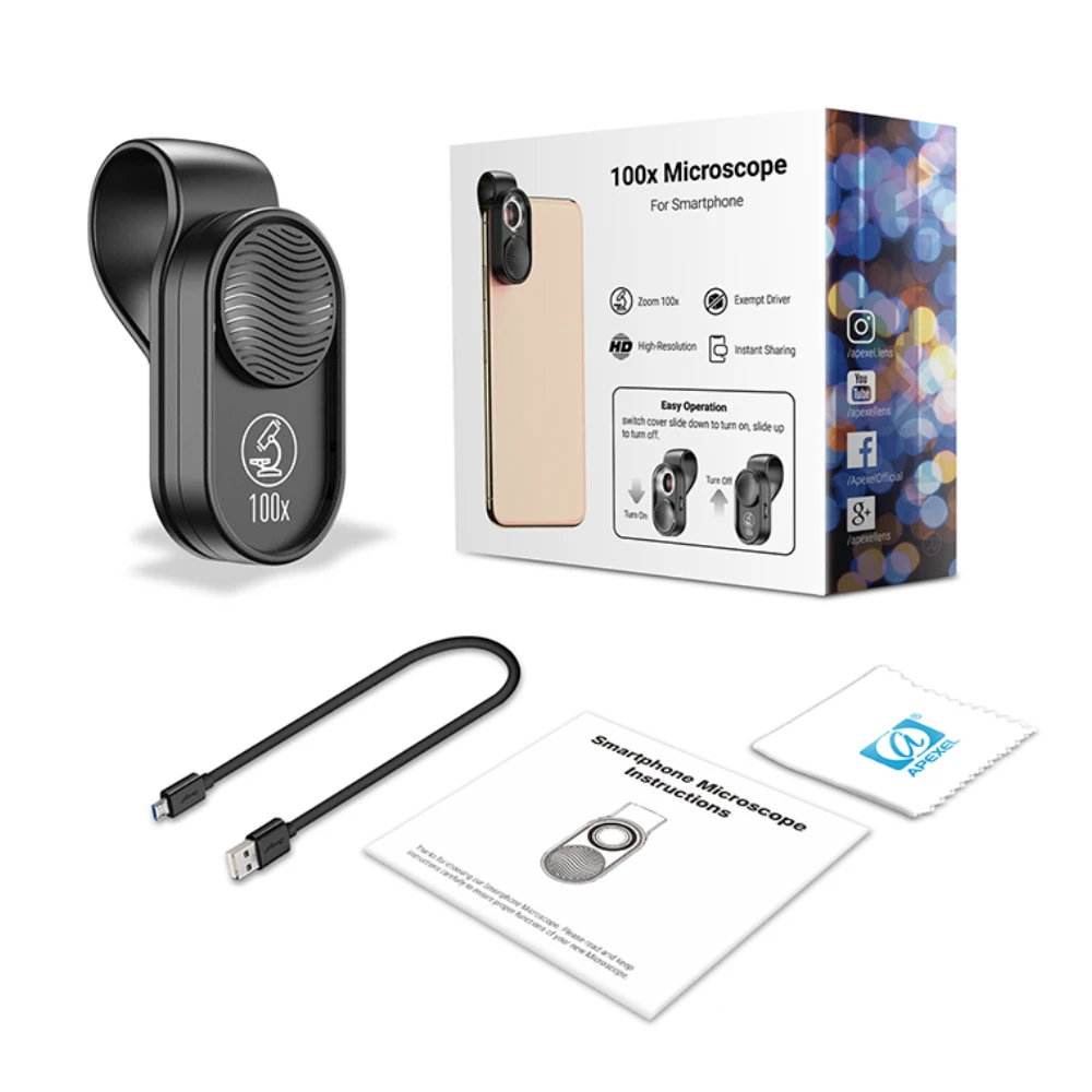 APEXEL 100X Microscope Micro Lens Mobile Phone Mini Magnifying LED Light Pocket Glass Microscopes With Universal Clip for Phone