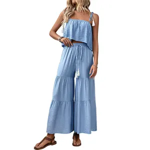 New casual strappy top, wide-leg trousers, solid-color set, two-piece summer vacation women's wear