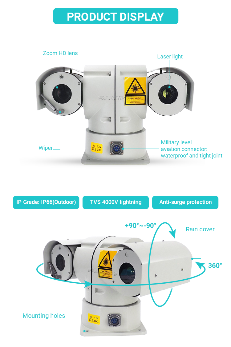 360 Degree Rotation Vehicle Roof Mounted 500m Laser PTZ Camera