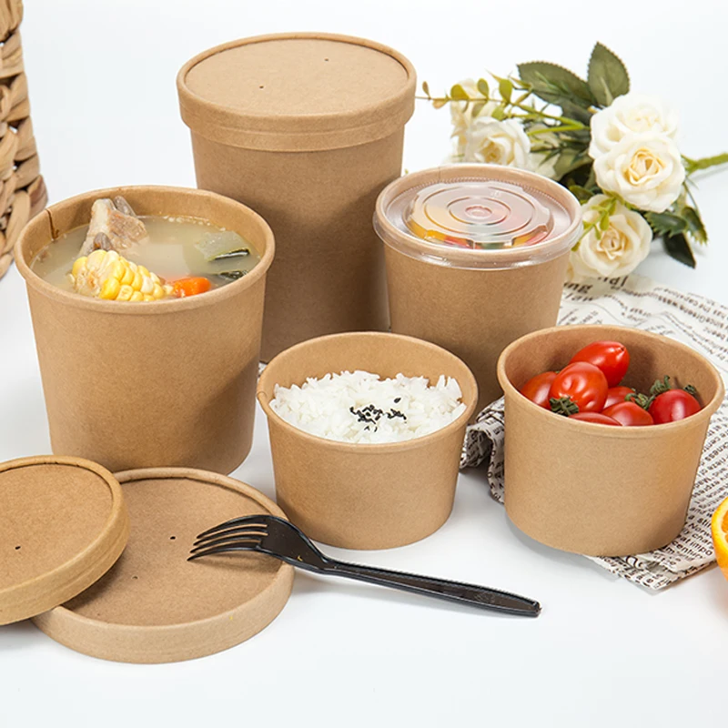 Harvest Food Packaging- KR Series Disposable Kraft Paper Round Bowl With  Plastic Lid, 150mm, 165mm, 183mm