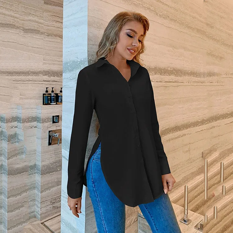Sleeve Long Shirt Pure Color Womens 