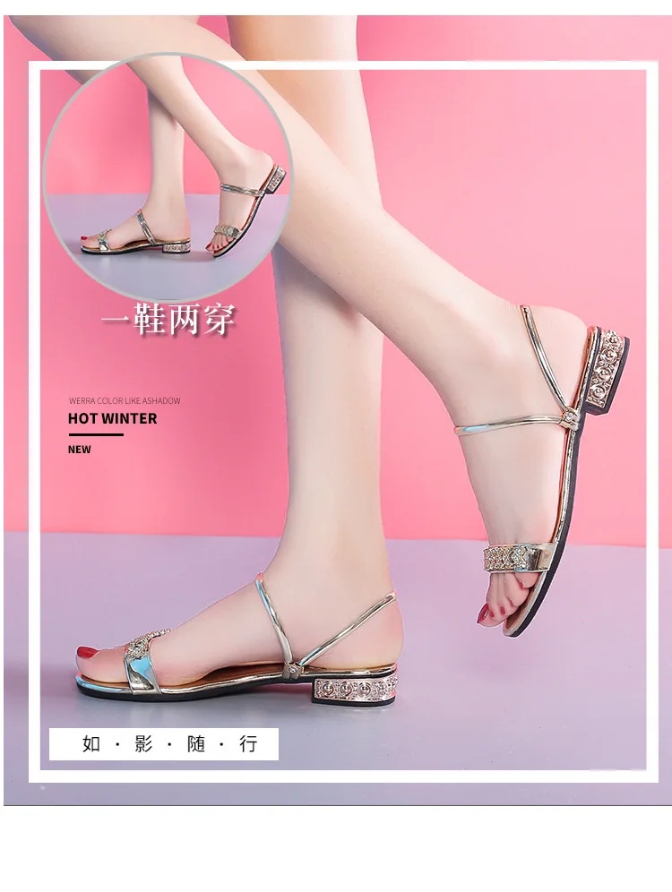 Summer Flat Sandal Shoes Samdalia Classich Gold Low Heel Rhinestone