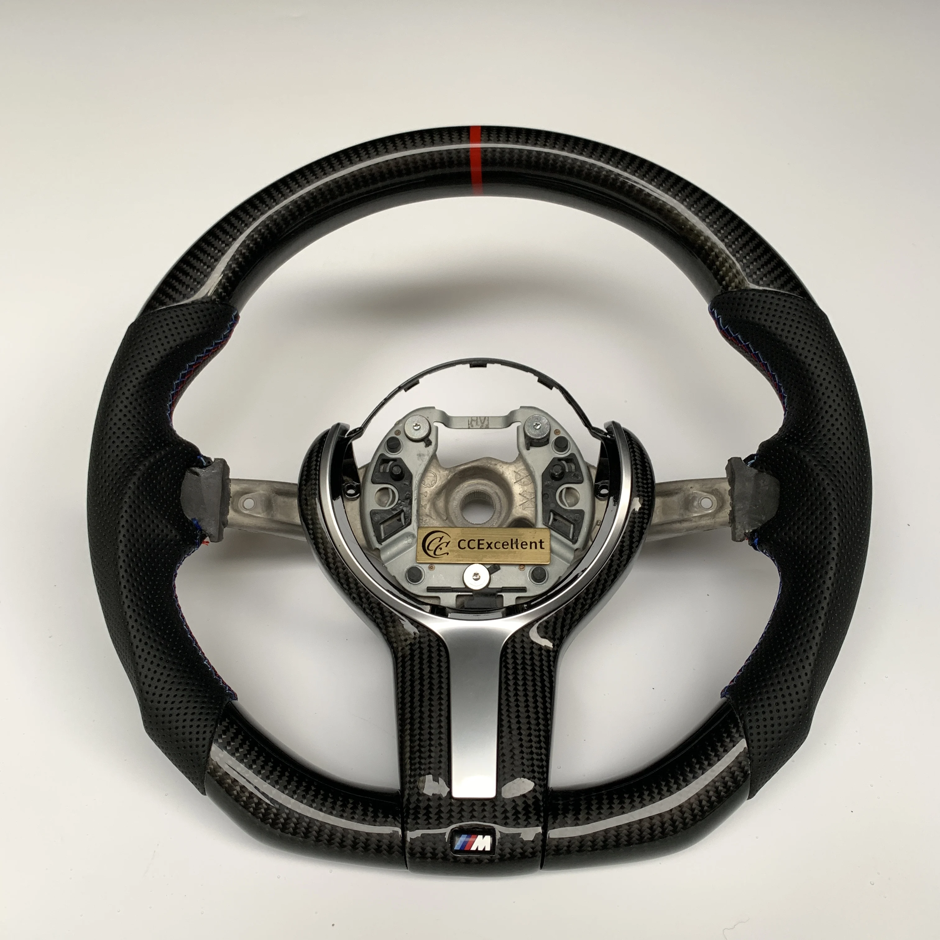 Flat bottom gloss carbon fiber steering wheel suitable for Audi B7 A5 S5 with black perforated leather sides yellow stripe