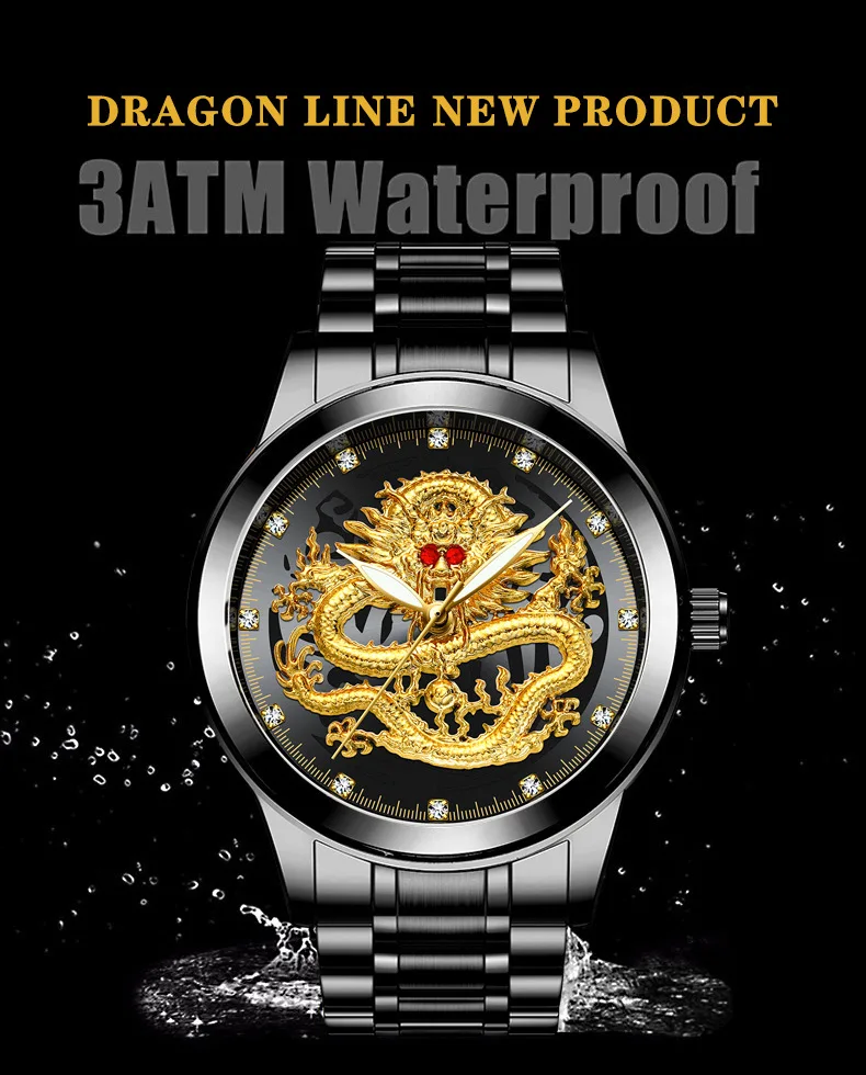 Fngeen Luxury Skeleton Embossed Golden Dragon Watch Men's Waterproof ...